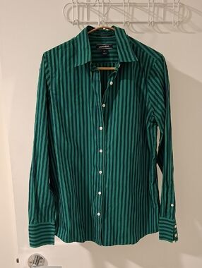 Lands' End Vivid Navy & Green No Iron Striped Button-down Shirt (Size 6 Tall)